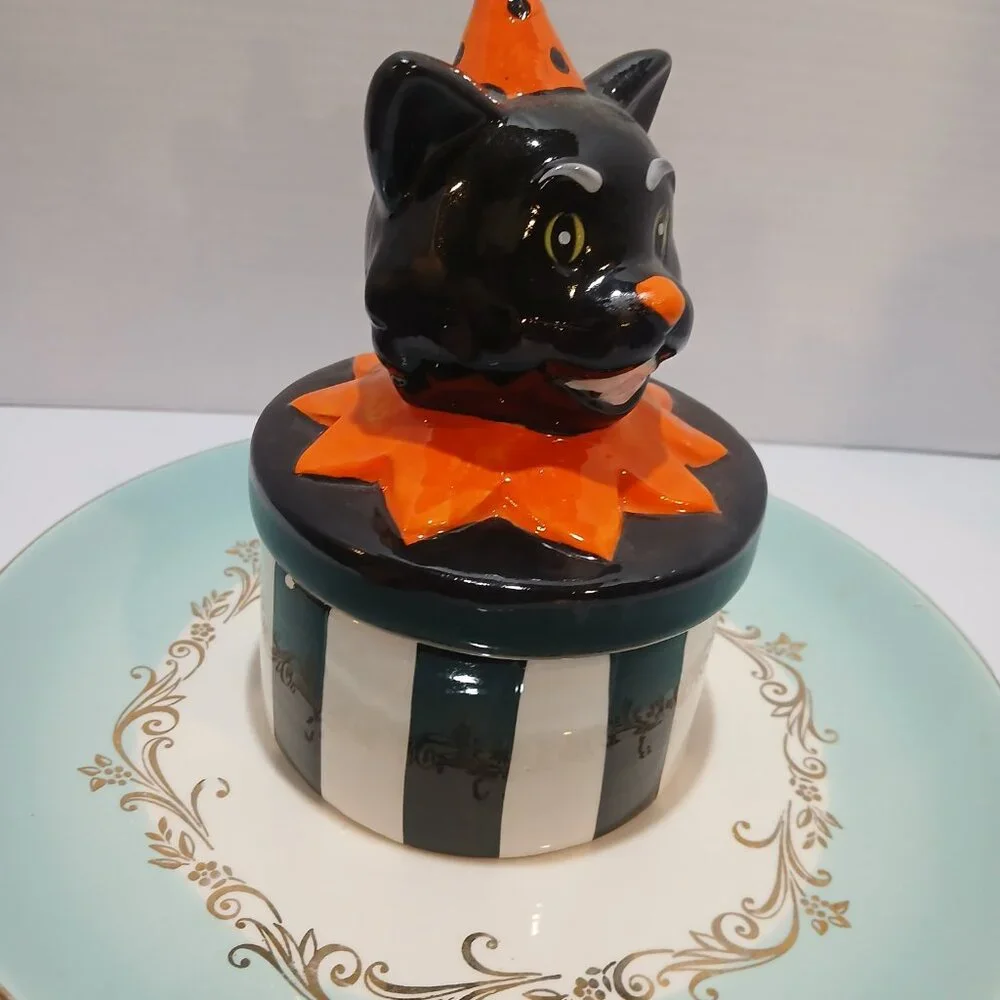 Halloween Retro Black Cat Ceramic Trinket Box - Picture 4 of 11